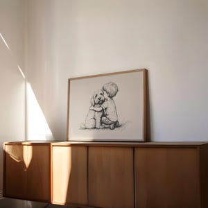 Jongen en een goldendoodle-print, hond vintage kunst, antieke vintage schilderkunst, boerderij muur decor, kunst aan de muur land, hond tekening, hond kunst aan de muur afbeelding 3