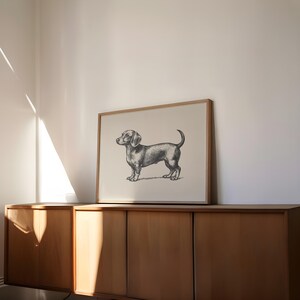 Peut inclure: Une impression encadr&eacute;e pr&eacute;sentant une illustration d&eacute;taill&eacute;e en niveaux de gris d'un chien teckel. L'&oelig;uvre d'art est plac&eacute;e sur un fond neutre et encadr&eacute;e dans du bois clair. L'impression est expos&eacute;e sur un meuble en bois.