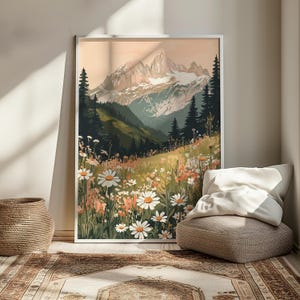May include: A digital illustration of a mountain range with a snowy peak, surrounded by green trees and a field of white daisies.