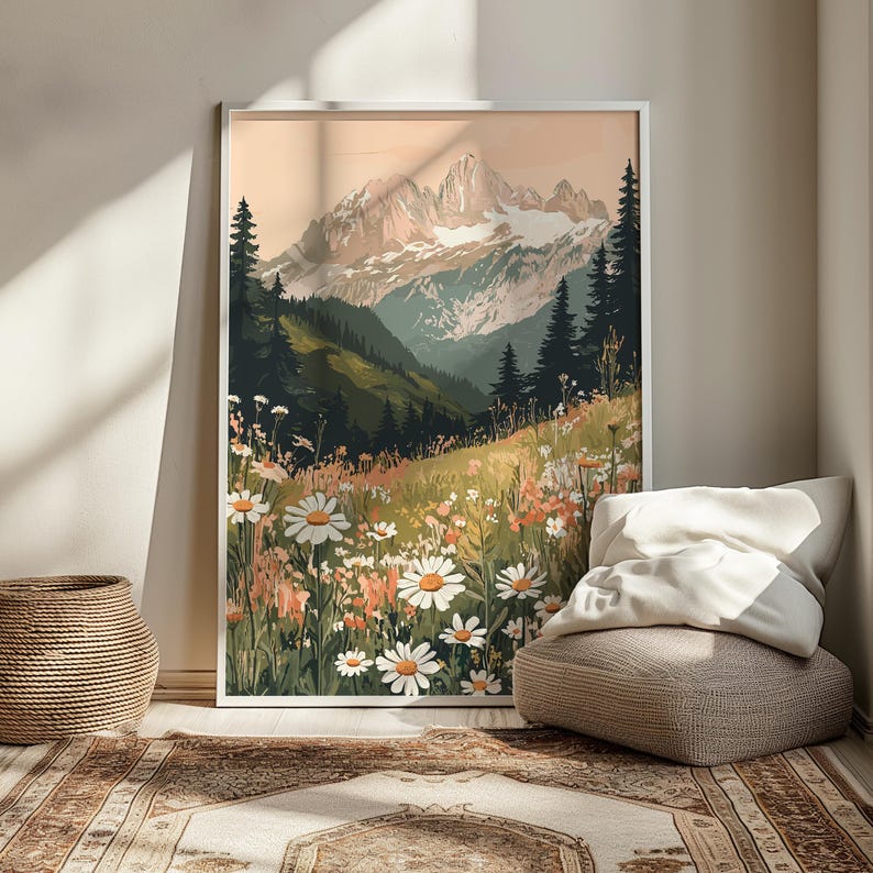 May include: A digital illustration of a mountain range with a snowy peak, surrounded by green trees and a field of white daisies.