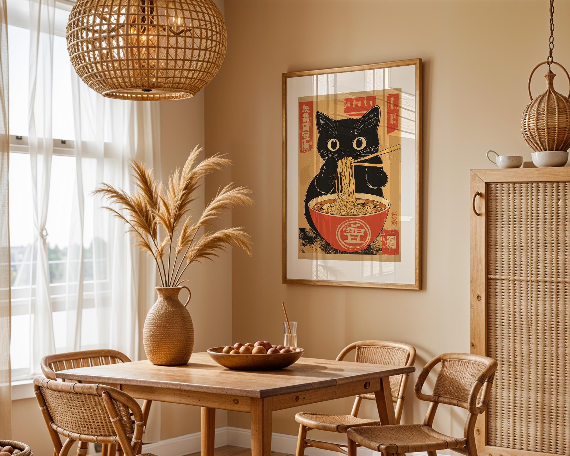 Retro Japanese Cat Noodle Poster: Asian Kitchen Art (digital