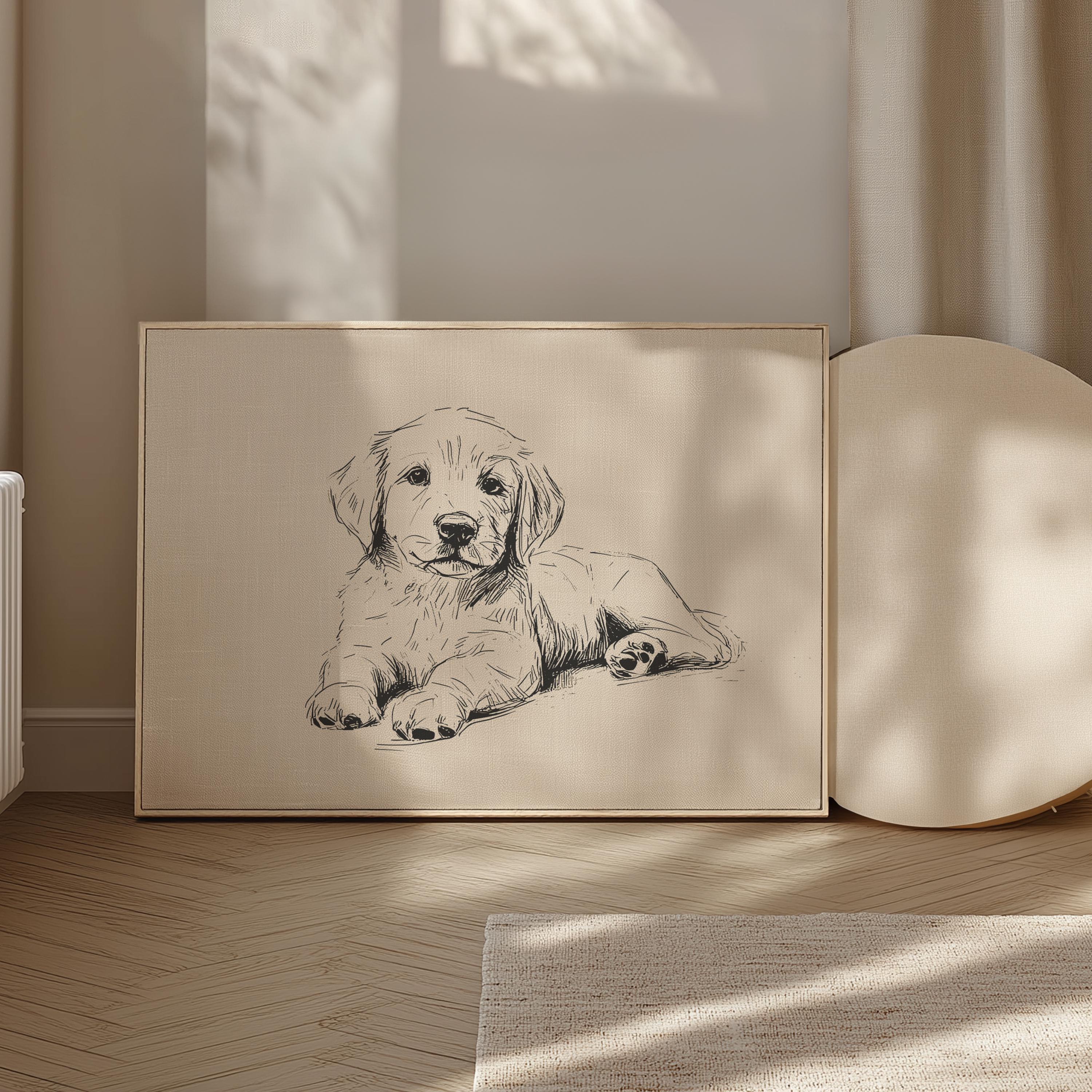 ゴールデンレトリバーの子犬のプリント：ヴィンテージの犬の絵、保育園