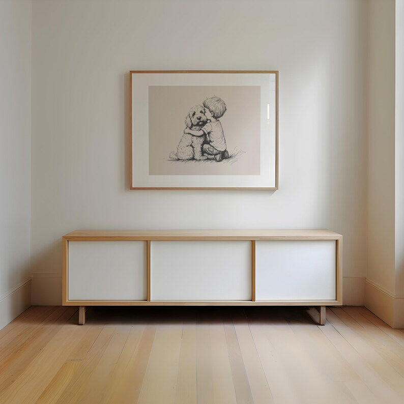 Jongen en een goldendoodle-print, hond vintage kunst, antieke vintage schilderkunst, boerderij muur decor, kunst aan de muur land, hond tekening, hond kunst aan de muur afbeelding 5