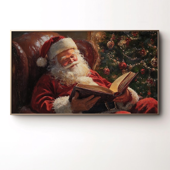 サンタが本を読んでいるクリスマスTVアート、ヴィンテージホリデー
