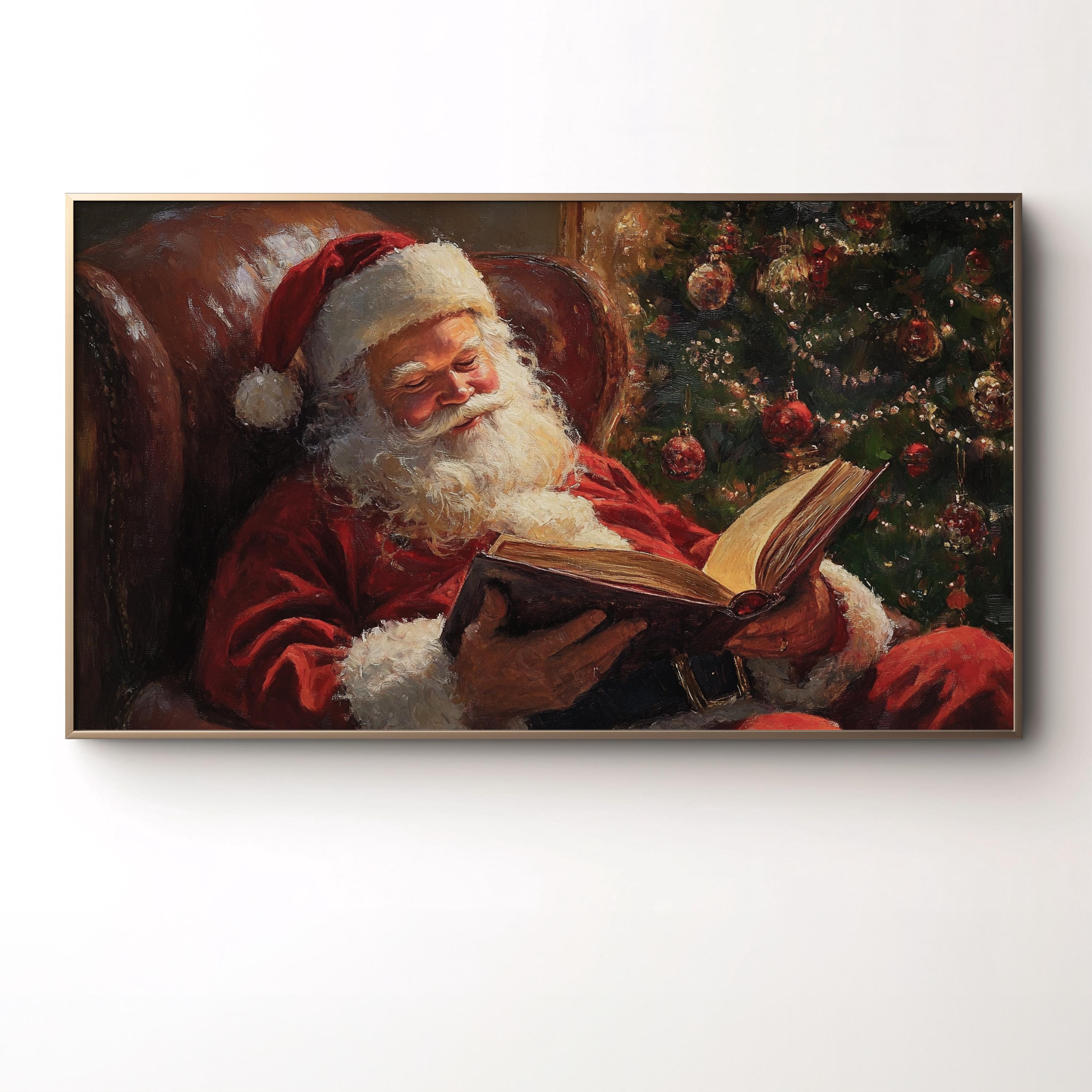 サンタが本を読んでいるクリスマスTVアート、ヴィンテージホリデー