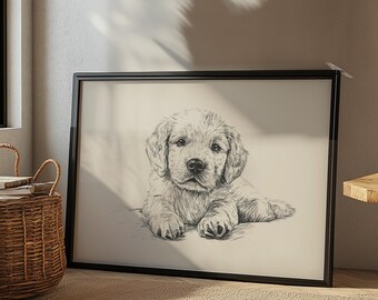 ゴールデンレトリバーの子犬のプリント：ヴィンテージ犬の絵（デジタル