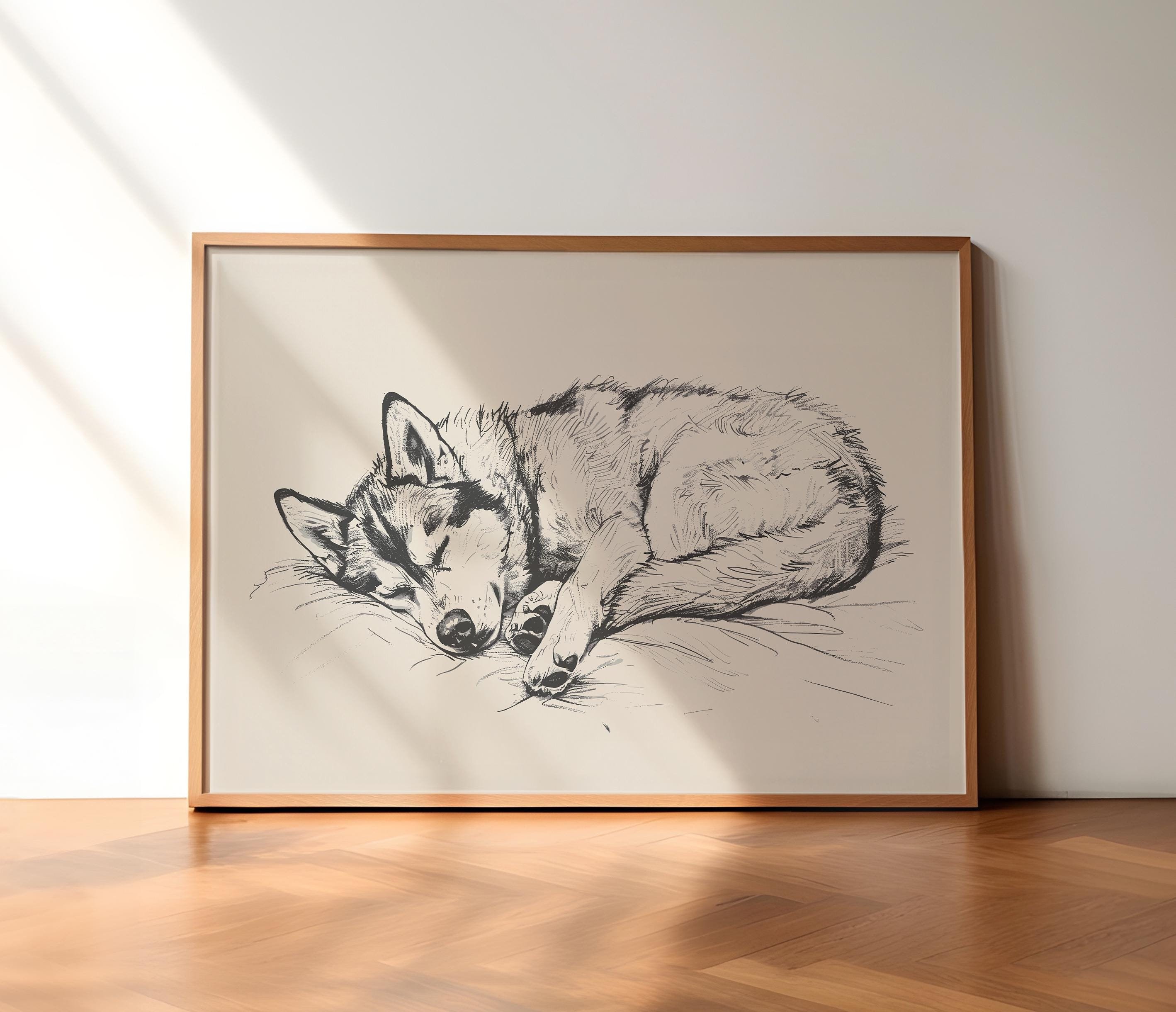 Husky Sleeping Vintage Print, Dog Vintage Print, Dog Wall Art