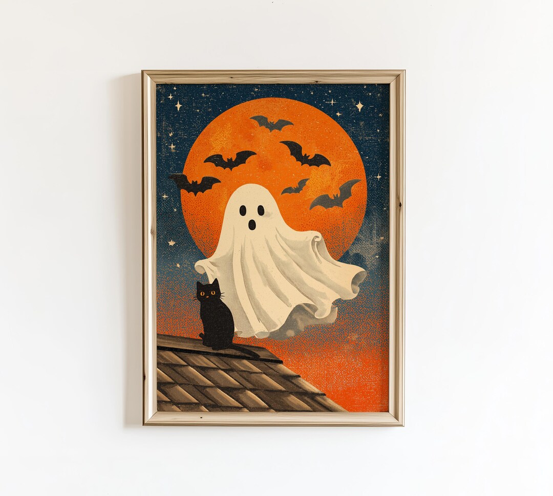 Vintage Halloween Ghost and Black Cat Art Print: Gothic Autumn Decor ...