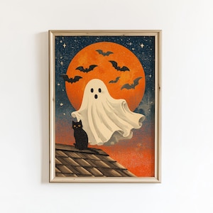 Vintage Ghost with Black Cat Poster, Cute Ghost Painting, Halloween Digital Print, Gothic Autumn Wall Art, Dark Academia Moody Wall Decor