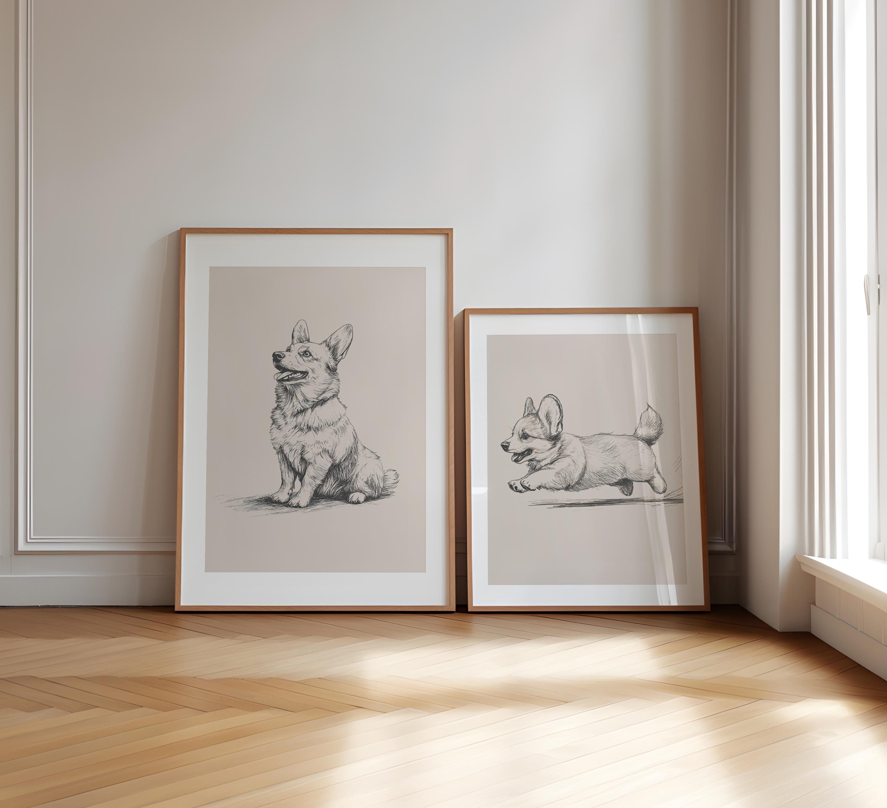 コーギープリント2枚セット：ヴィンテージ犬のイラスト、レトロな壁