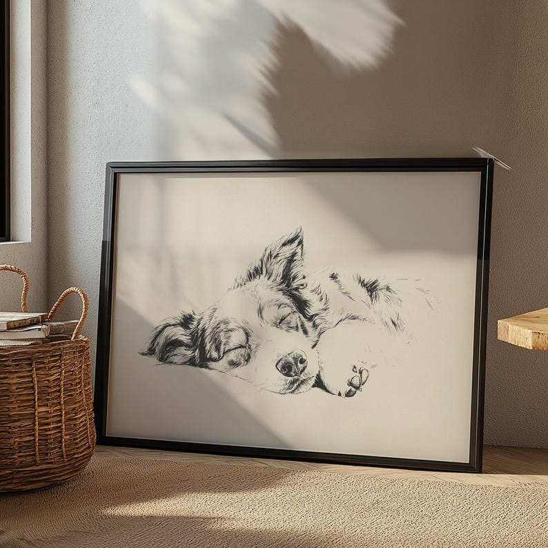 May include: Black framed print featuring a detailed pencil sketch of a sleeping dog. The dog is lying down with its eyes closed, showcasing a serene and peaceful expression. The artwork is displayed on a neutral background.