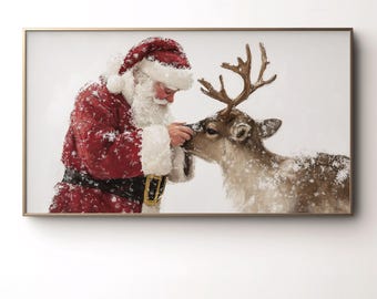 サンタクロースとトナカイのテレビアート：ヴィンテージクリスマス風景