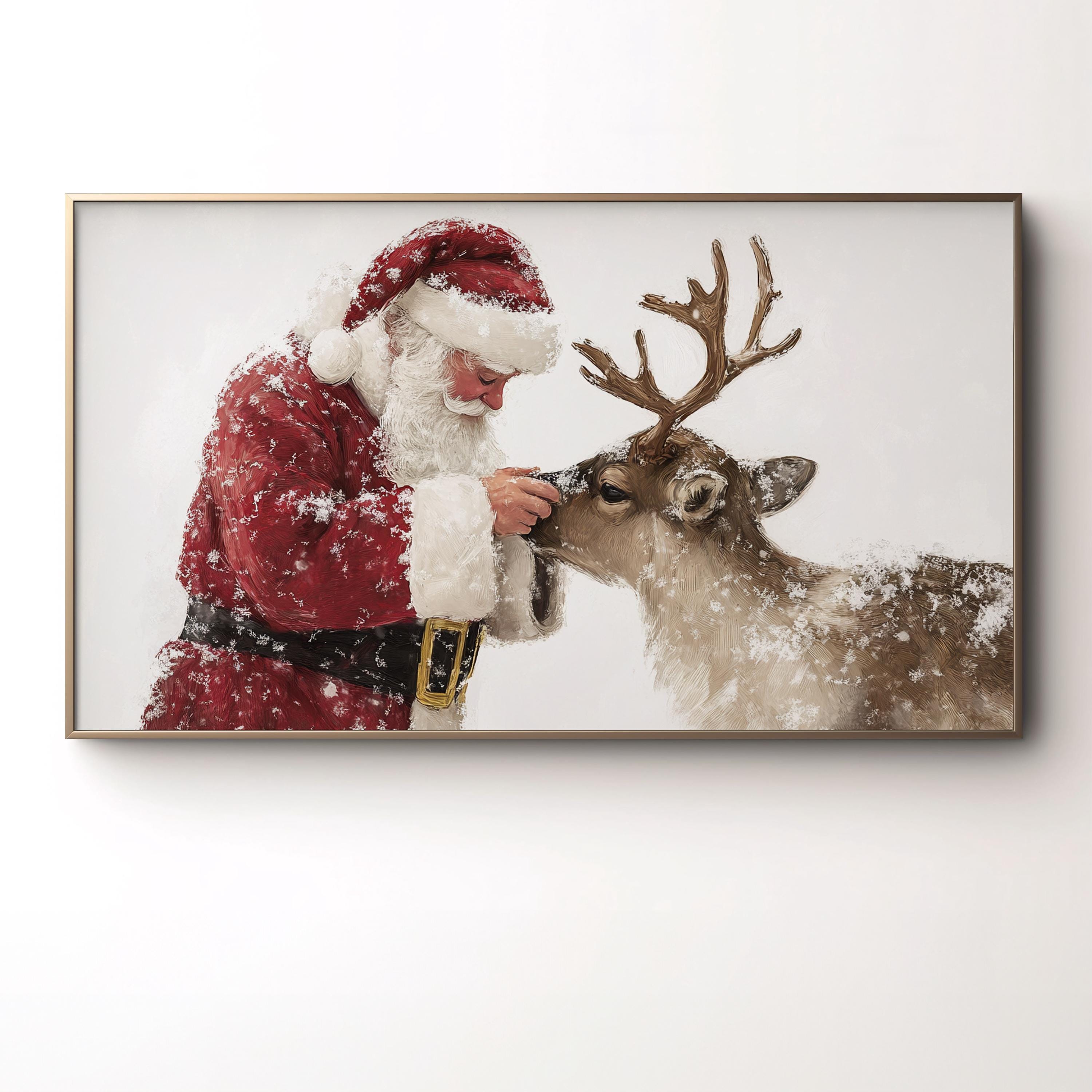 サンタクロース&トナカイ☆クリスマス サンタクロースとトナカイのテレビアート：ヴィンテージクリスマス風景