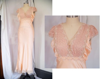 Vintage 1940s Lingerie, 30s-40s Peach Satin Lace Nightgown, Bias Cut Full Length Hollywood Glamour Negligee, 42 Inch Bust