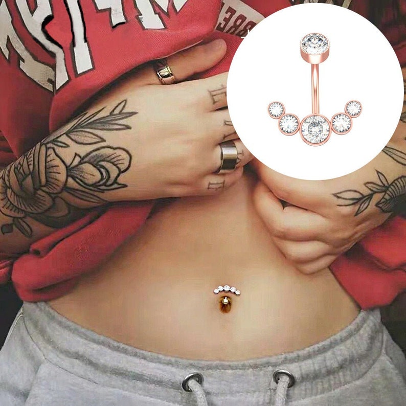 Dangle Belly Button Rings, Surgical Steel Curved Navel Barbell 5 Crystals Body Jewelry, Small belly rings, Tiny belly jewelry, Body Piercing 
