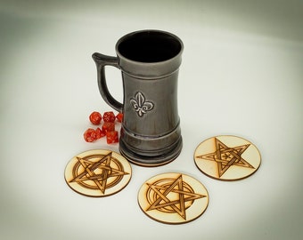 Wooden Coaster laser engraved with Eldritch Horror pentagram and Cthulhu designs – Set of 4
