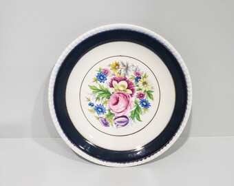 Argyle Pattern Flower Vase Center Gold Laurel On Blue Rare Find 14.25 inch Oval Platter On Sale Alfred Meakin Made in England