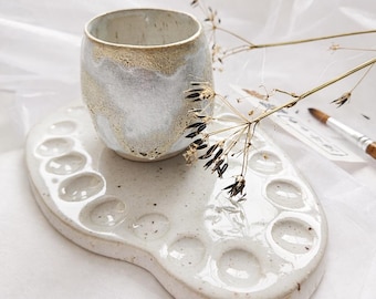 Kiri Ceramic Paint Palette Set – Handmade Pottery Palette and Water Cup – Watercolor Palette – Artist Gift – Wabi Sabi Ceramic Set