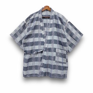 May include: A blue and white plaid kimono-style robe with short sleeves, a tie belt, and two front pockets. The robe is hanging on a wooden hanger against a white background. The fabric has a woven texture.