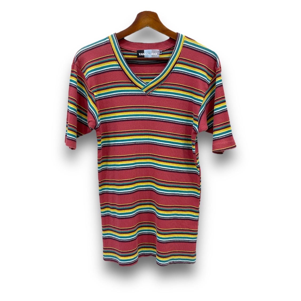 Vintage 90s Kansai Yamamoto Striped T Shirts V Neck Streetwear 
