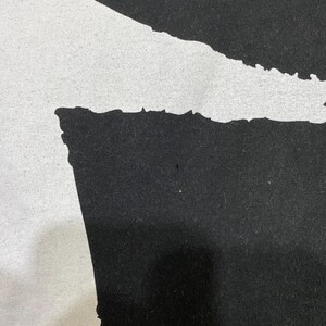 Puede incluir: Primer plano de una tela negra con una forma abstracta blanca grande. La forma tiene un borde rugoso y texturizado, que contrasta con el fondo negro liso. La imagen est&aacute; bien iluminada, destacando los detalles de la tela.