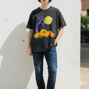 Camisetas vintage de los 90 con diseño de Lillian Lorow para Halloween, con la luna y las calabazas, ropa de calle, talla XL
