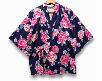 Vintage Jinbei Floral - Rare Yukata - Noragi Jacket - Vintage Japanese Kimono - hanten Jacket - Kimono Jacket - Happi Jacket - Size L