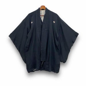 青と白のチェック柄の日本の半纏風ジャケット ジャケット ボロスタイル ローブ ドレス トラディショナル サイズ M