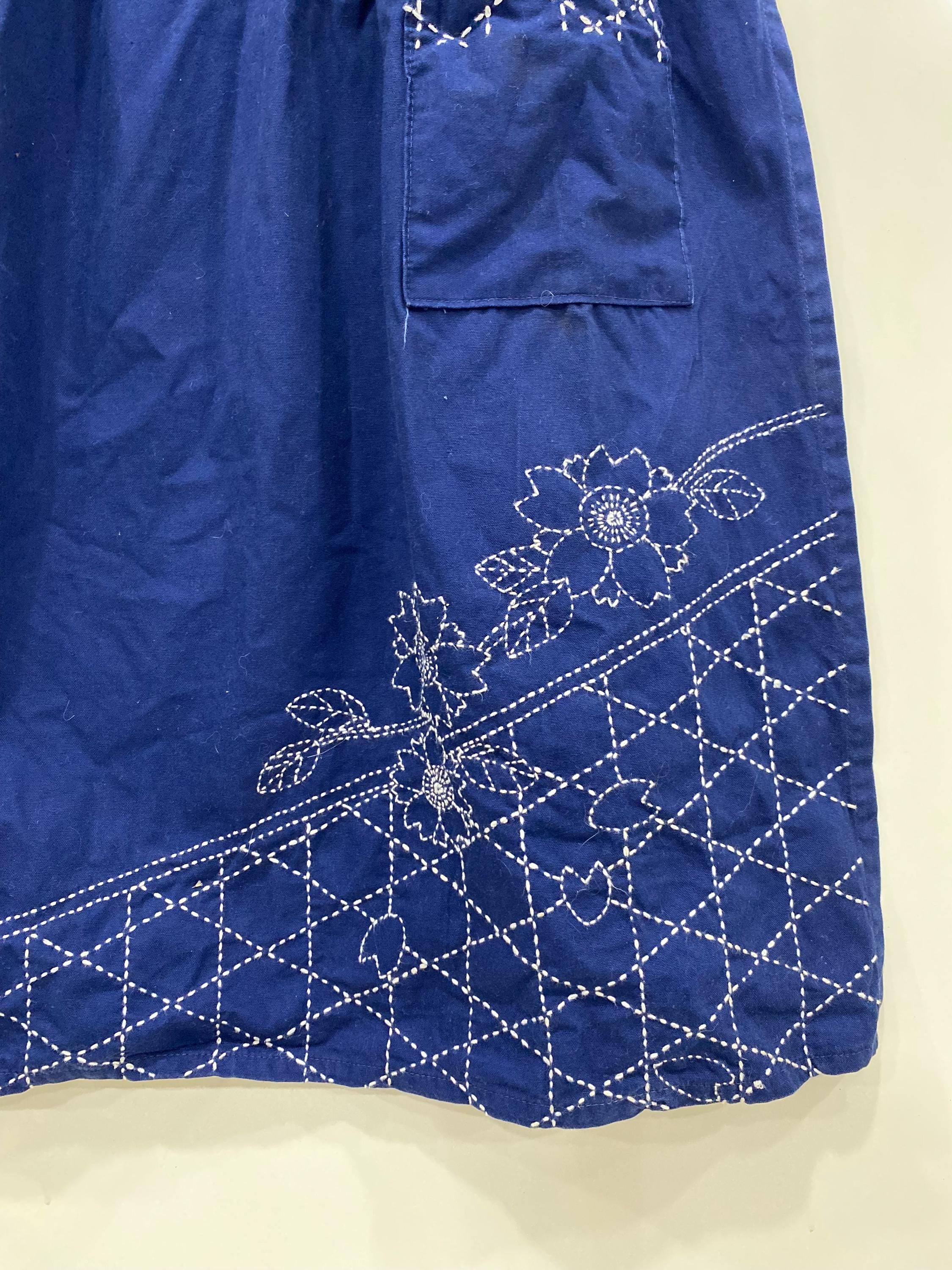 Japanese Vintage Apron Sashiko Geometric Design Blue Indigo