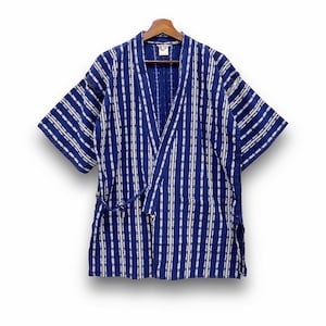 May include: A blue and white striped kimono-style jacket with short sleeves. The jacket is made of a woven fabric and has a tie closure at the waist. It is hanging on a wooden hanger against a white background.