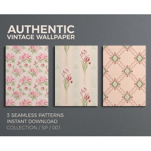Peut inclure: Trois motifs de papier peint vintage, avec un motif floral avec des fleurs roses, un motif floral avec des iris blancs et un motif géométrique avec des accents rouges et verts. Le texte "AUTHENTIC VINTAGE WALLPAPER" est en haut de l'image. Le texte "3 SEAMLESS PATTERNS INSTANT DOWNLOAD COLLECTION / SP / 001" est en bas de l'image.