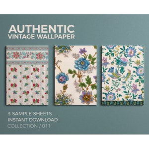 Puede incluir: Tres muestras de papel tapiz vintage con patrones florales y de pájaros. Las muestras están sobre un fondo azul claro. El texto "AUTHENTIC VINTAGE WALLPAPER" está en la parte superior de la imagen. El texto "3 SAMPLE SHEETS INSTANT DOWNLOAD COLLECTION / 011" está en la parte inferior de la imagen.