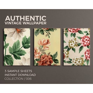 WALLPAPERPARADE COLLECTION 006 Digital Paper Set, 3 A4 Authentic Floral Vintage Wallpaper Samples for Instant DOWNLOAD