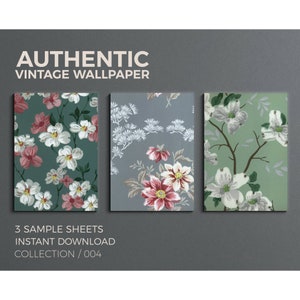 WALLPAPERPARADE COLLECTION 004 Digital Paper Set, 3 A4 Authentic Floral Vintage Wallpaper Samples for Instant DOWNLOAD