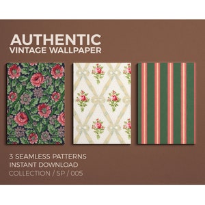 May include: Three vintage wallpaper patterns: a floral design with red flowers on a dark blue background, a white and cream design with pink flowers and a ribbon pattern, and a green and pink striped pattern.  3 Seamless Patterns Instant Download Collection / SP / 005