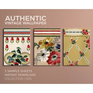 May include: Three vintage wallpaper samples featuring floral patterns. The first sample has a white background with red tulips and green leaves. The second sample has a cream background with yellow, white, and red flowers. The third sample has a yellow background with pink roses and a blue and white lattice pattern. The text "AUTHENTIC VINTAGE WALLPAPER" is at the top of the image. The text "3 SAMPLE SHEETS INSTANT DOWNLOAD COLLECTION / 005" is at the bottom of the image.