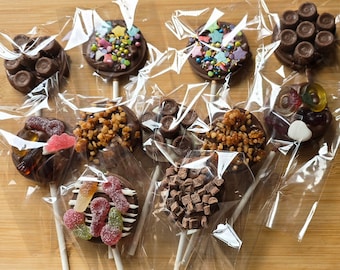 Chocolate loaded lollipops. Available in 2 different sizes, with choice of topping, loads to pick from.