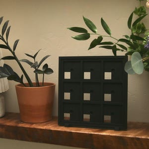 May include: A black square display frame featuring a grid of nine individual compartments, each with a small circular opening. The frame is positioned upright on a wooden surface next to a potted plant and a lamp with a pleated white shade.