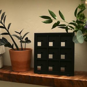 May include: A black square display frame featuring a grid of nine individual compartments, each with a small circular opening, positioned on a wooden shelf next to a terracotta pot containing a dark green plant and a white pleated lamp shade.
