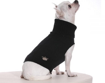 May include: A white chihuahua wearing a black turtleneck sweater with a gold crown logo. The dog is sitting on a white surface.