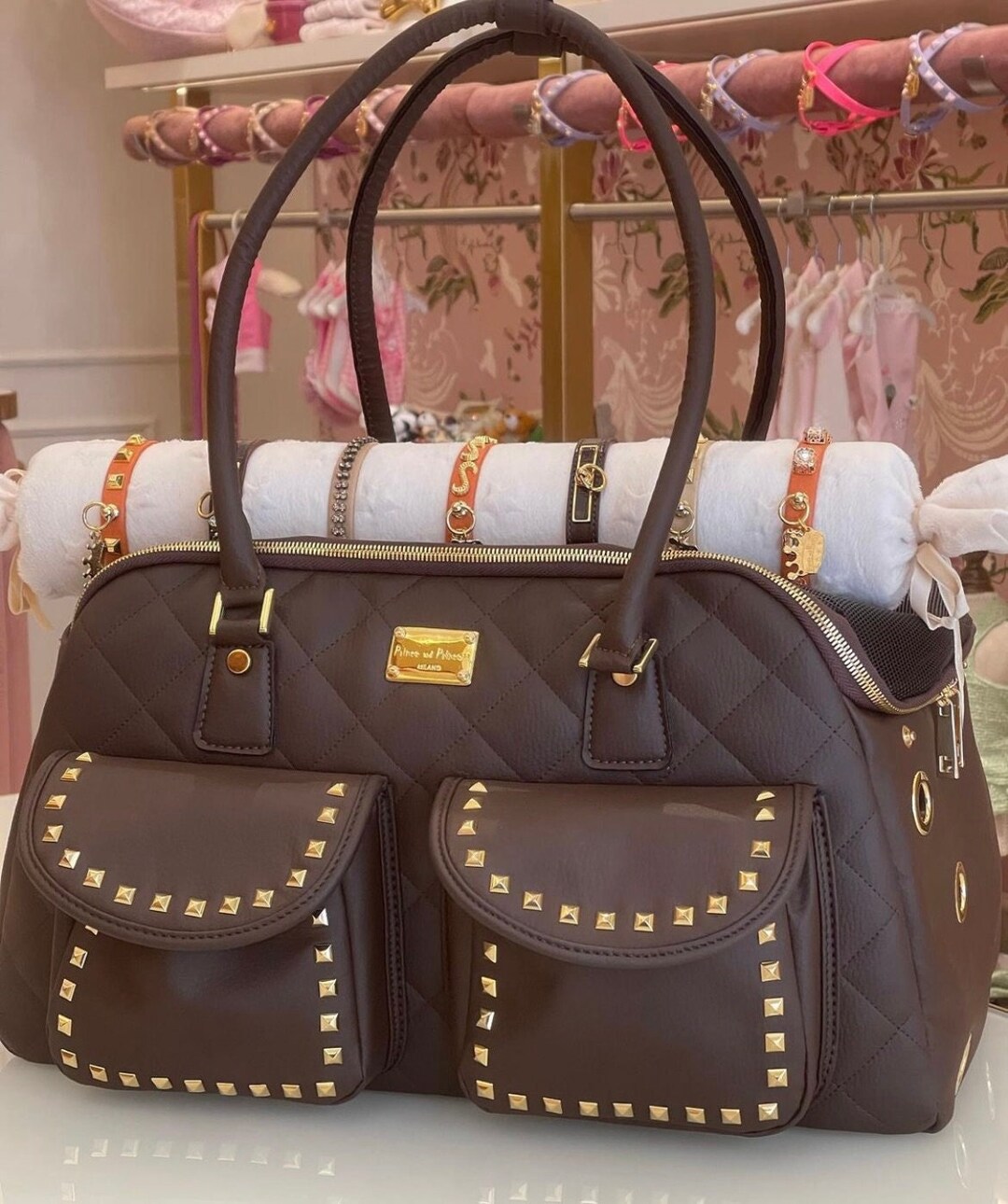 Teacup Dog Carrier / Dog Tote / Chocolate and Gold Studs / Small Dog