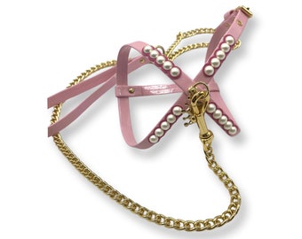 Pink Dog Harness and Chain Leash Set / Girl Dog Harness / Puppy Harness / Small Dog Harness / Easter Dog / Teacup Dog / Teacup Puppy
