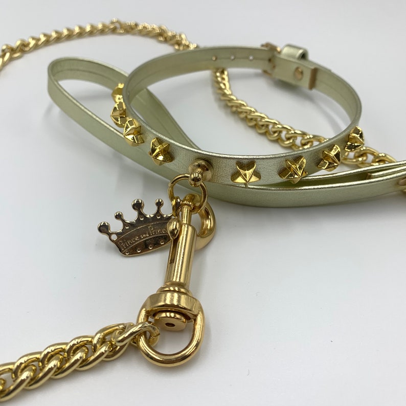 Small Dog Leash / Gold Chain Leash / Gold Faux Leather Handle Etsy