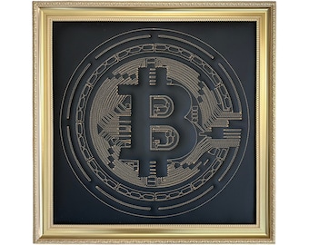 Yellow Sewn Bitcoin (BTC) Brilliance: Masterpiece Leather Art Celebrating Cryptocurrency and Craftsmanship | BTC Wall Decoration 50 x 50 cm