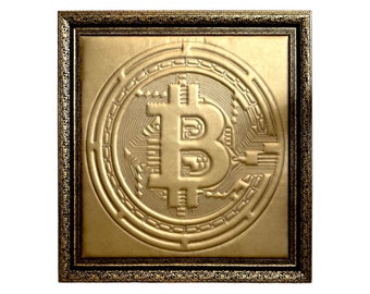 1/1 Golden Leather Sewn Bitcoin (BTC) Unique : Masterpiece Leather Art Cryptocurrency and Craftsmanship | BTC Wall Decoration 110 x 110 cm