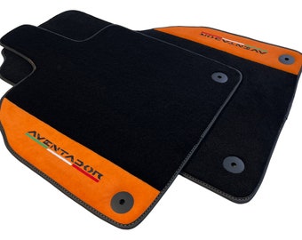 Black Floor Mats For Lamborghini Aventador 2012-2022 With Orange Alcantara Leather