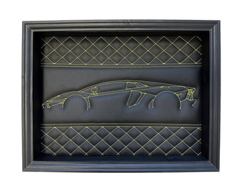 Inspired by Lamborghini Aventador Model : Black Leather Wall Art & Yellow Stitch Luxury Decor