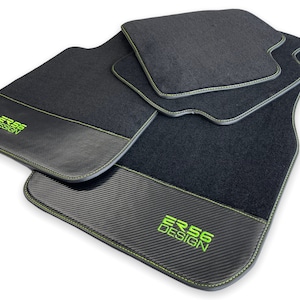 Floor Mats For All BMW M Performance Models (1990-2022) Carbon Fiber Leather / Green Sewing /  ER56 Design Brand
