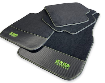 Floor Mats For All BMW M Performance Models (1990-2022) Carbon Fiber Leather / Green Sewing /  ER56 Design Brand
