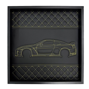 Inspired by Nissan GTR Model : Black Leather Wall Art & Yellow Stitch Luxury Decor